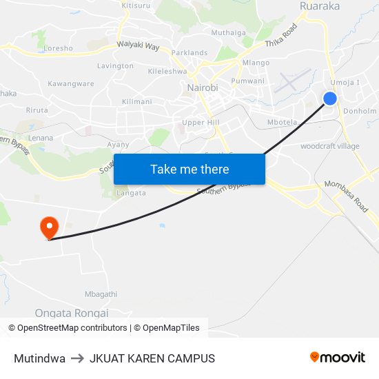 Mutindwa to JKUAT KAREN CAMPUS map