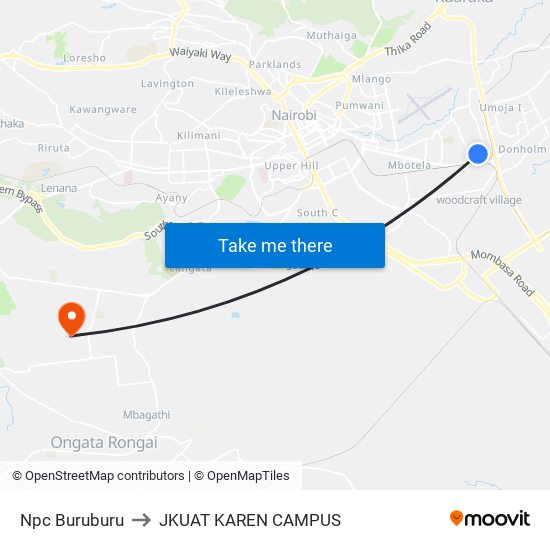 Npc Buruburu to JKUAT KAREN CAMPUS map