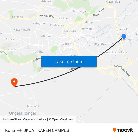 Kona to JKUAT KAREN CAMPUS map