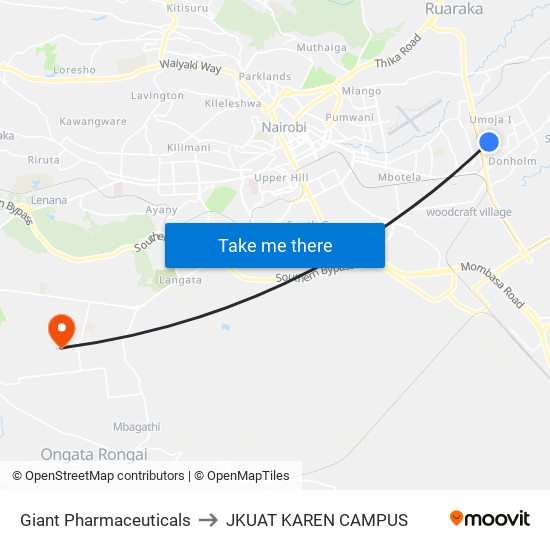 Giant Pharmaceuticals to JKUAT KAREN CAMPUS map