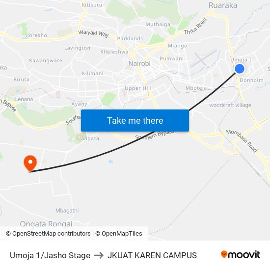 Umoja 1/Jasho Stage to JKUAT KAREN CAMPUS map