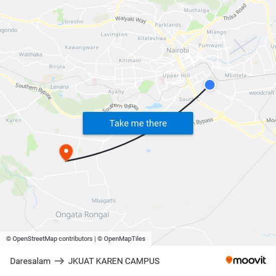 Daresalam to JKUAT KAREN CAMPUS map