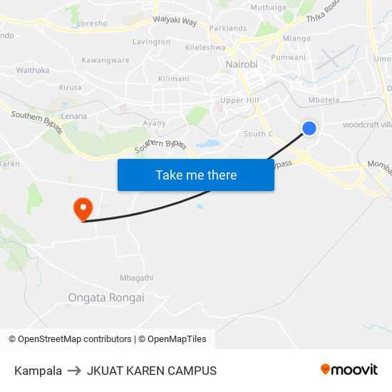 Kampala to JKUAT KAREN CAMPUS map