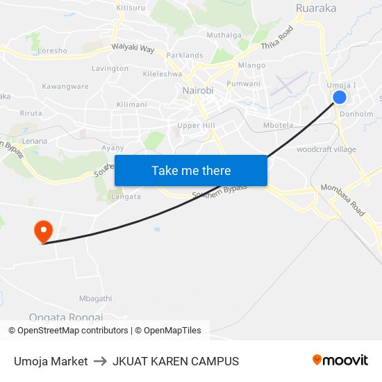 Umoja Market to JKUAT KAREN CAMPUS map