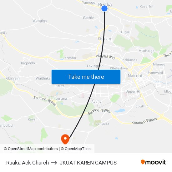 Ruaka Ack Church to JKUAT KAREN CAMPUS map