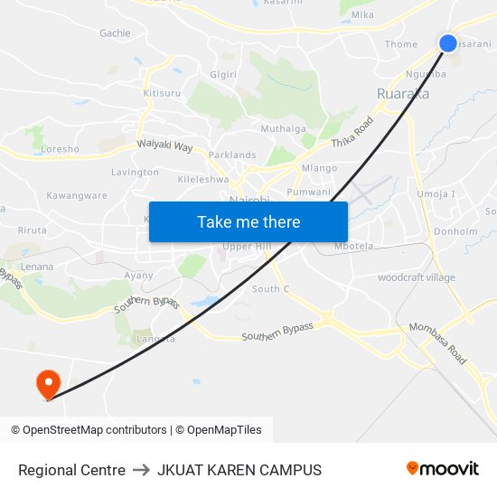 Regional Centre to JKUAT KAREN CAMPUS map