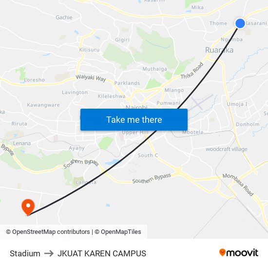 Stadium to JKUAT KAREN CAMPUS map