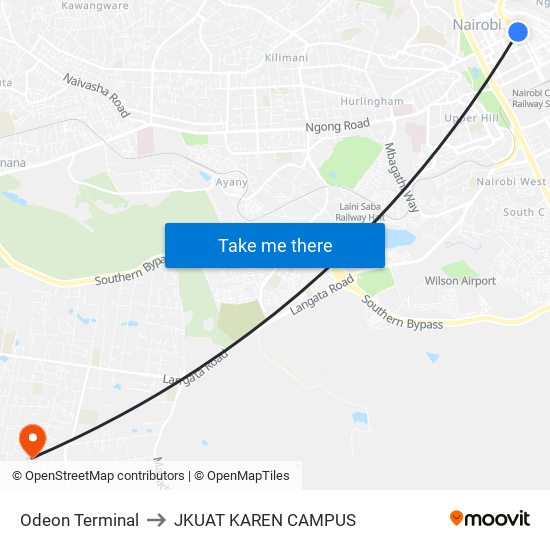 Odeon Terminal to JKUAT KAREN CAMPUS map