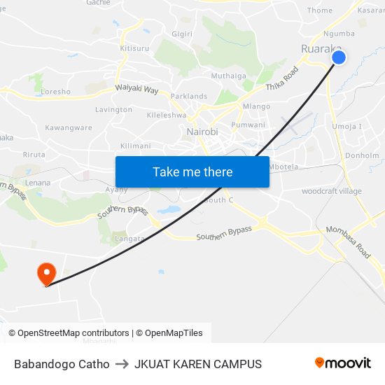 Babandogo Catho to JKUAT KAREN CAMPUS map