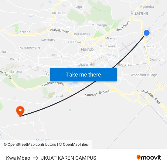 Kwa Mbao to JKUAT KAREN CAMPUS map