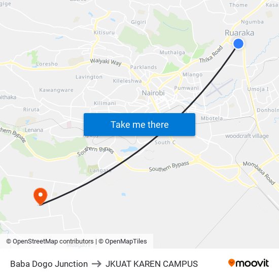 Baba Dogo Junction to JKUAT KAREN CAMPUS map