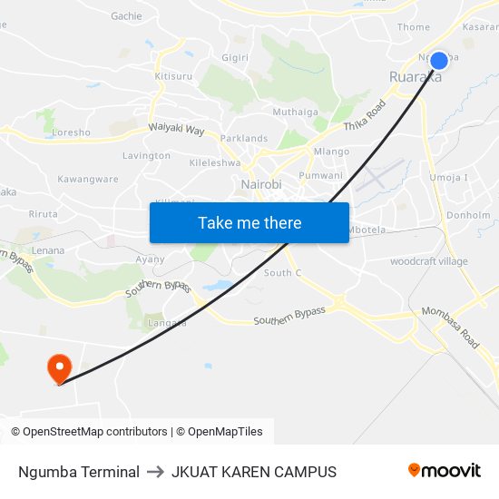 Ngumba Terminal to JKUAT KAREN CAMPUS map