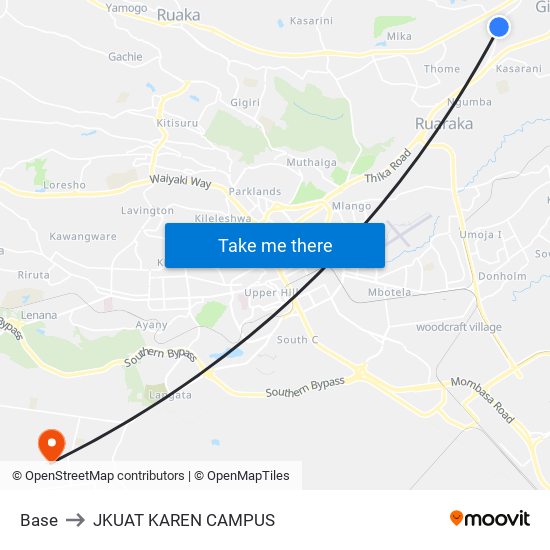 Base to JKUAT KAREN CAMPUS map