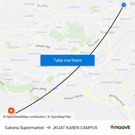 Gakena Supermarket to JKUAT KAREN CAMPUS map