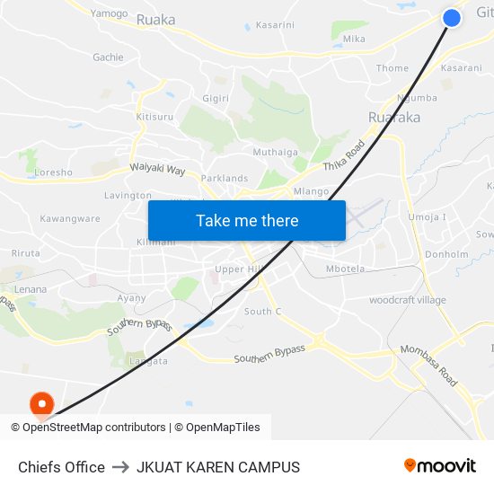 Chiefs Office to JKUAT KAREN CAMPUS map