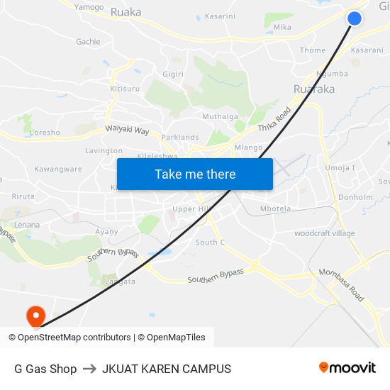 G Gas Shop to JKUAT KAREN CAMPUS map