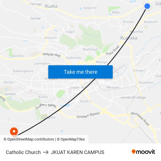 Catholic Church to JKUAT KAREN CAMPUS map