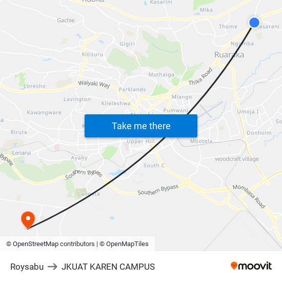 Roysabu to JKUAT KAREN CAMPUS map