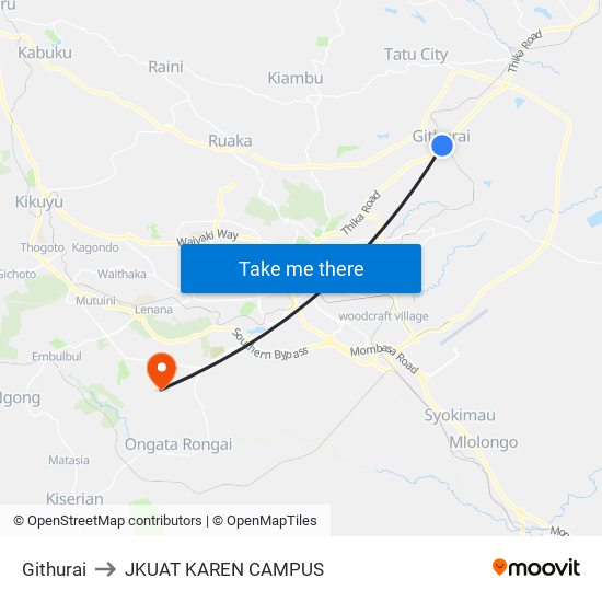 Githurai to JKUAT KAREN CAMPUS map