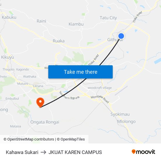 Kahawa Sukari to JKUAT KAREN CAMPUS map