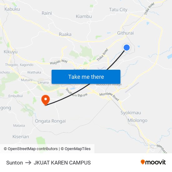 Sunton to JKUAT KAREN CAMPUS map