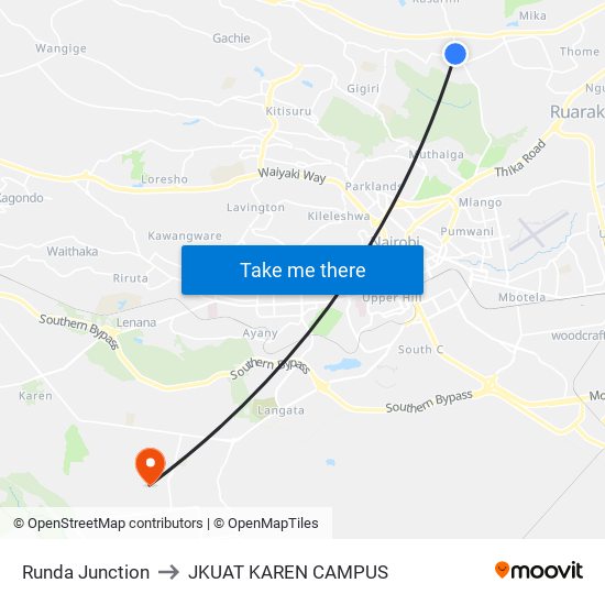 Runda Junction to JKUAT KAREN CAMPUS map