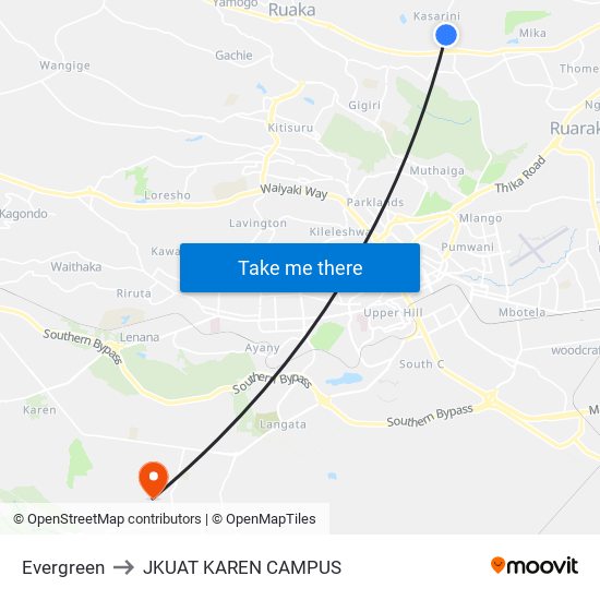 Evergreen to JKUAT KAREN CAMPUS map