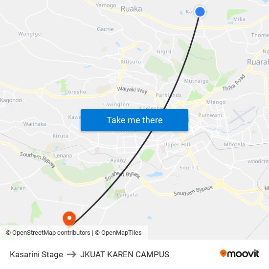 Kasarini Stage to JKUAT KAREN CAMPUS map