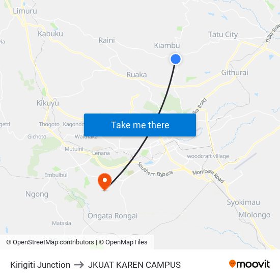Kirigiti Junction to JKUAT KAREN CAMPUS map