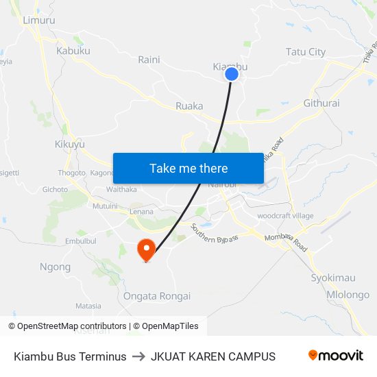 Kiambu Bus Terminus to JKUAT KAREN CAMPUS map