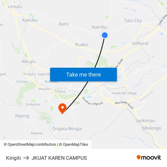 Kirigiti to JKUAT KAREN CAMPUS map