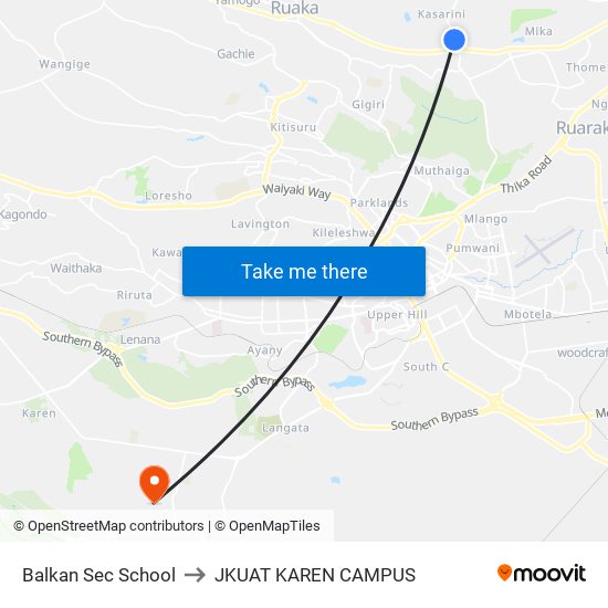 Balkan Sec School to JKUAT KAREN CAMPUS map