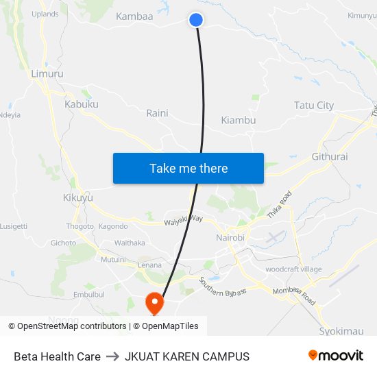 Beta Health Care to JKUAT KAREN CAMPUS map