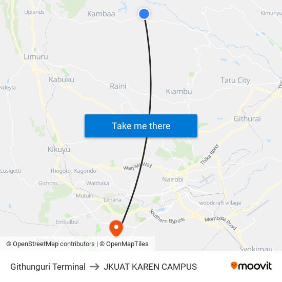 Githunguri Terminal to JKUAT KAREN CAMPUS map