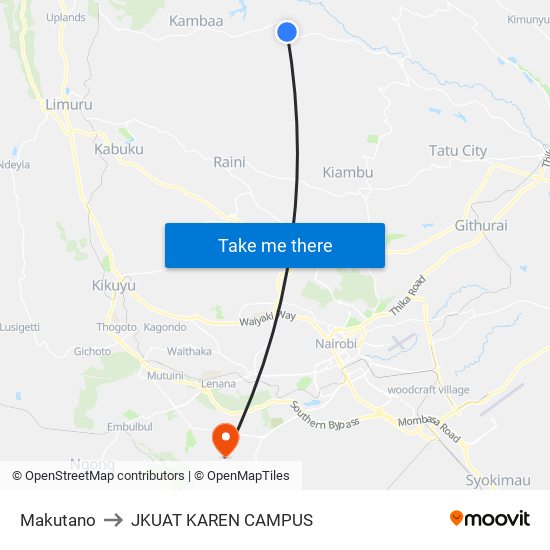 Makutano to JKUAT KAREN CAMPUS map