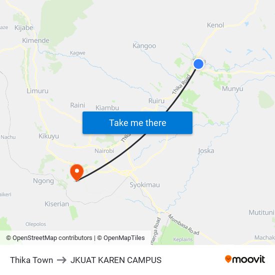 Thika Town to JKUAT KAREN CAMPUS map