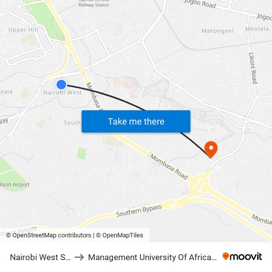 Nairobi West Stage to Management University Of Africa South C map