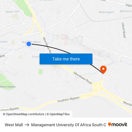 West Mall to Management University Of Africa South C map