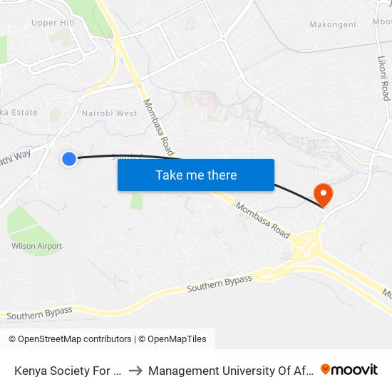 Kenya Society For the Blind to Management University Of Africa South C map