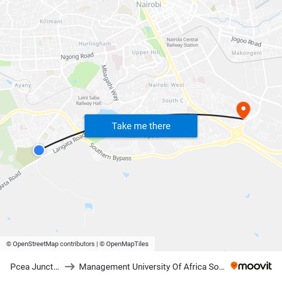 Pcea Junction to Management University Of Africa South C map