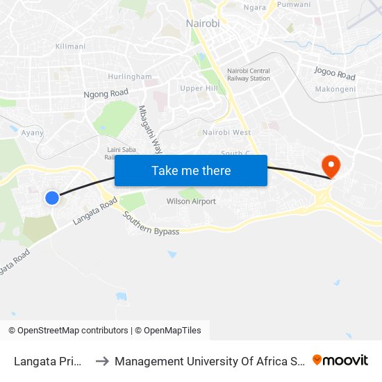 Langata Primary to Management University Of Africa South C map