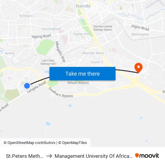 St.Peters Methodist to Management University Of Africa South C map