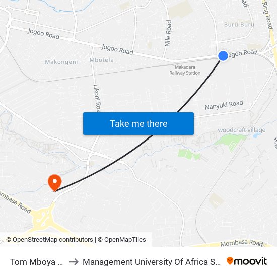 Tom Mboya Hall to Management University Of Africa South C map