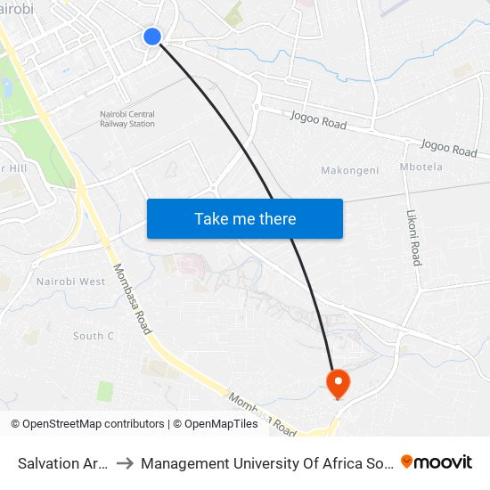 Salvation Army to Management University Of Africa South C map