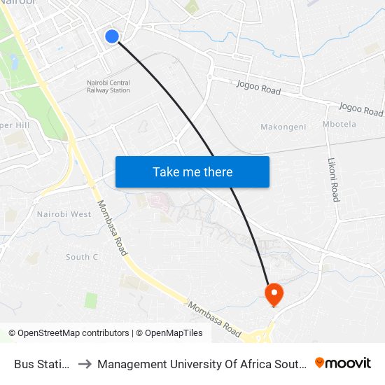 Bus Station to Management University Of Africa South C map