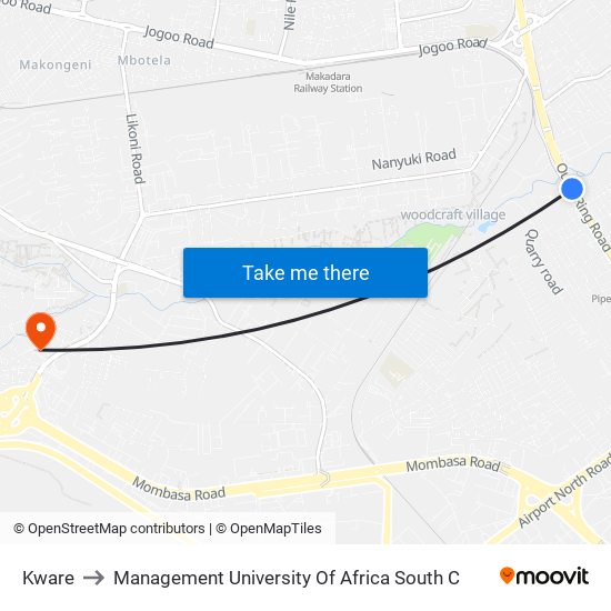 Kware to Management University Of Africa South C map