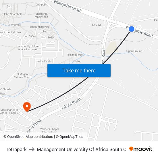 Tetrapark to Management University Of Africa South C map