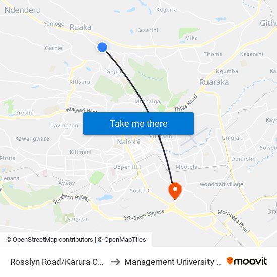 Rosslyn Road/Karura Community Chapel to Management University Of Africa South C map