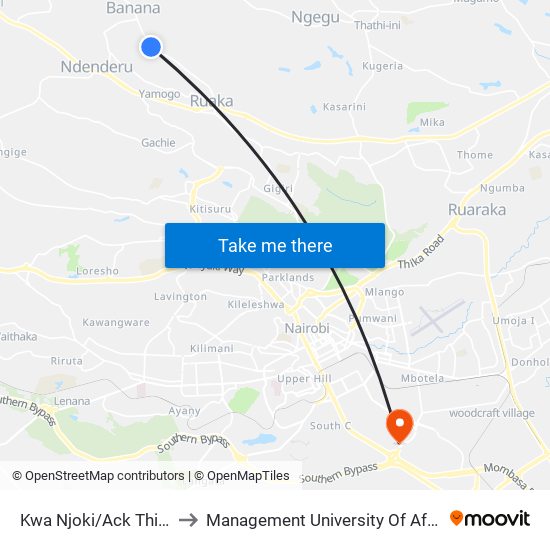 Kwa Njoki/Ack Thimbigwa to Management University Of Africa South C map