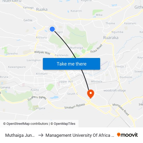 Muthaiga Junction to Management University Of Africa South C map